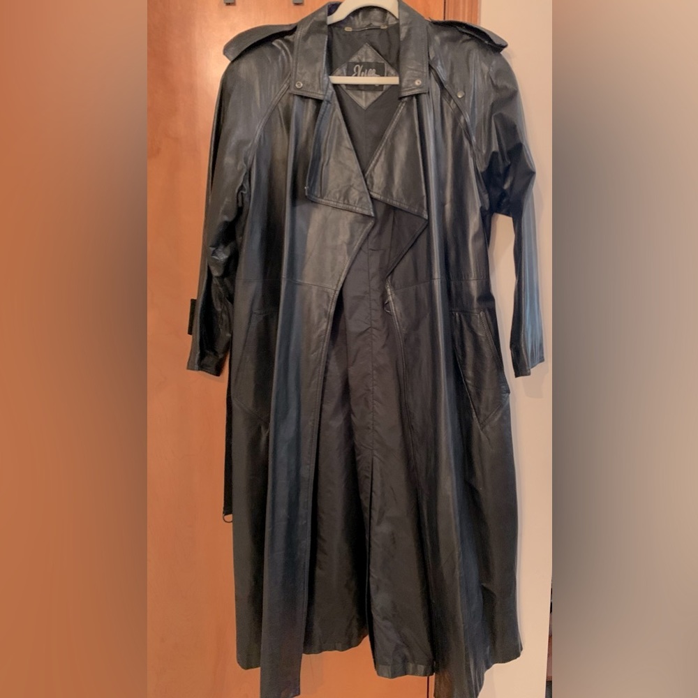 Vintage black leather unisex belted trench coat; J Walden